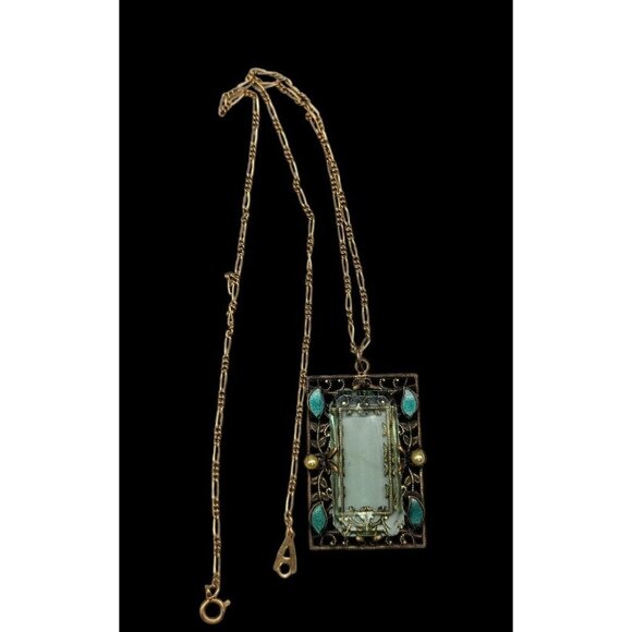 Artistry Green Glass Filigree Framed Pendant Necklace Enamel & Faux Pearl Accent - Picture 14 of 16